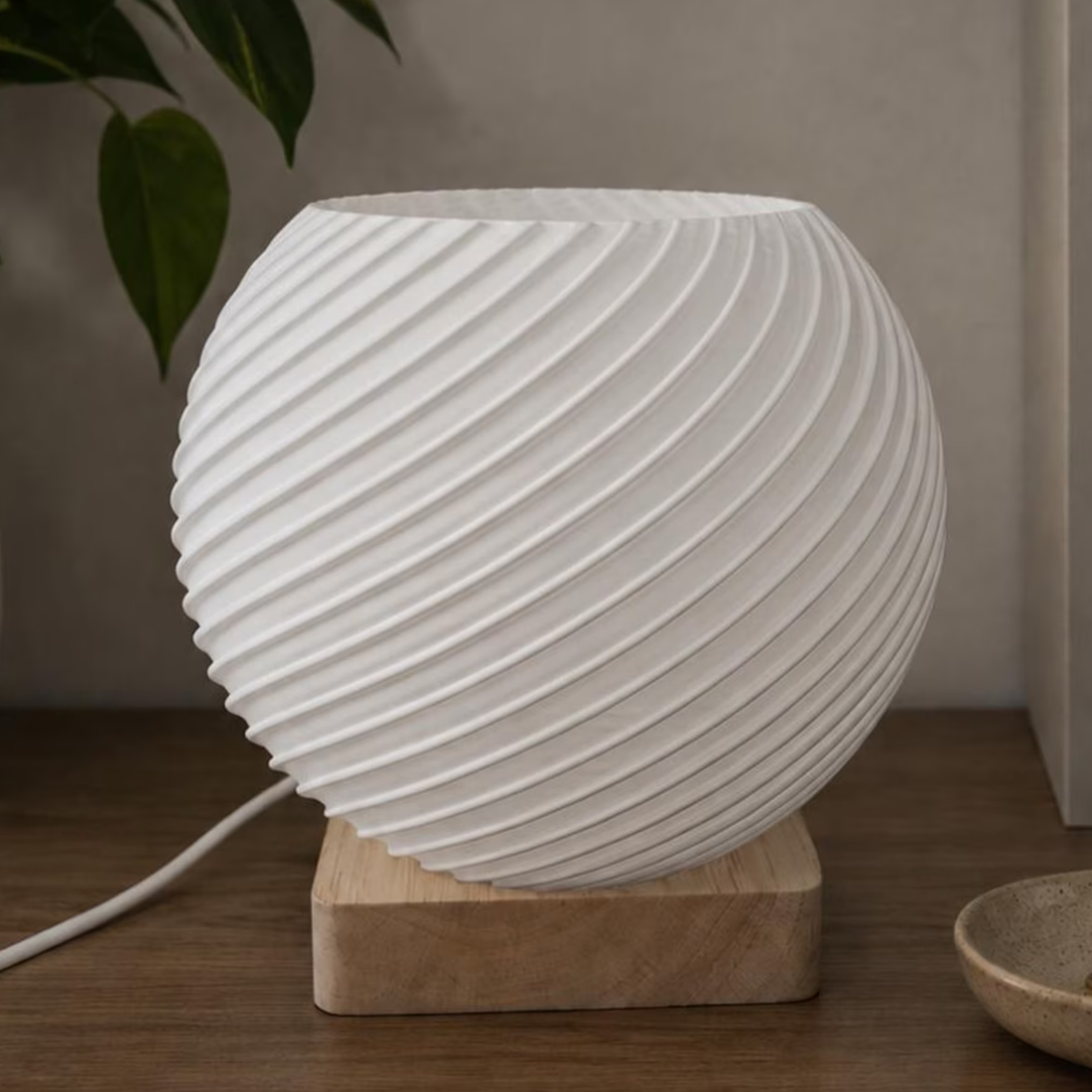 Spiral Textured Globe Table Lamp, Minimalist Ambient Lighting Fixture For Bedroom And Interior Decor