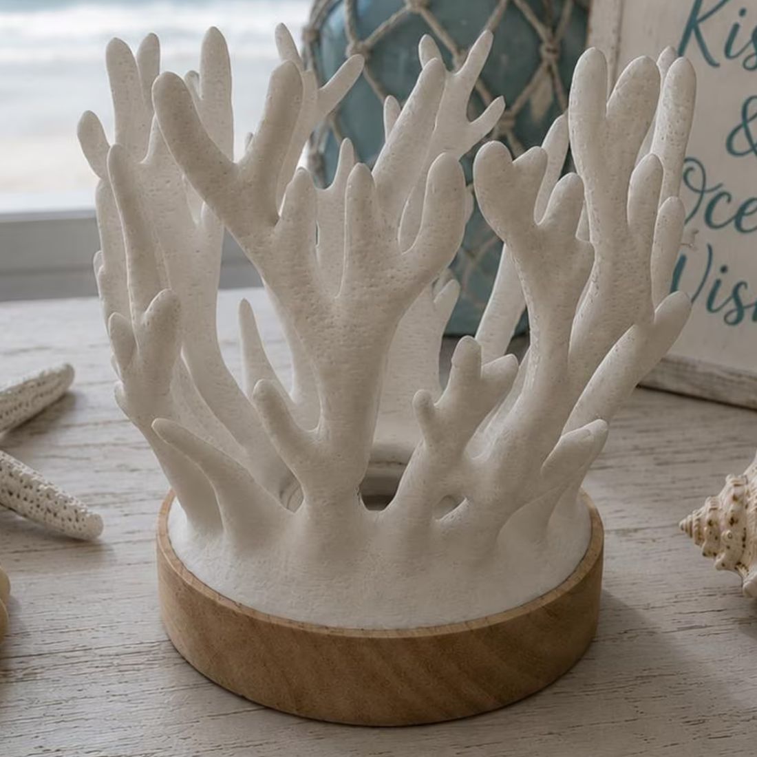 Ocean Coral Sculpture Ambient Lamp, Nautical Style Decorative Night Light With Circular Base