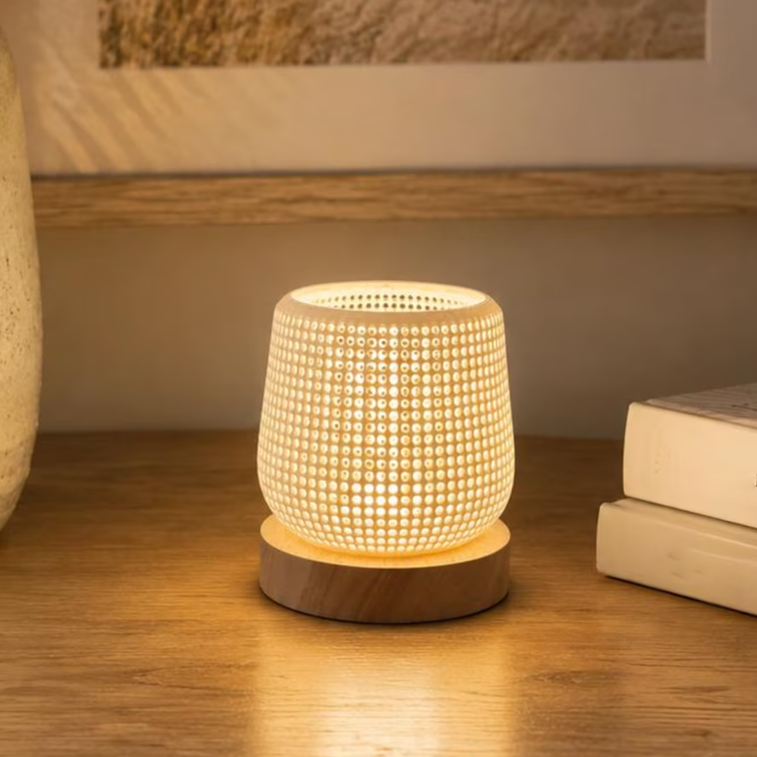 Perforated Cylindrical Accent Lamp, Scandinavian Style Ambient Light With Round Support Base