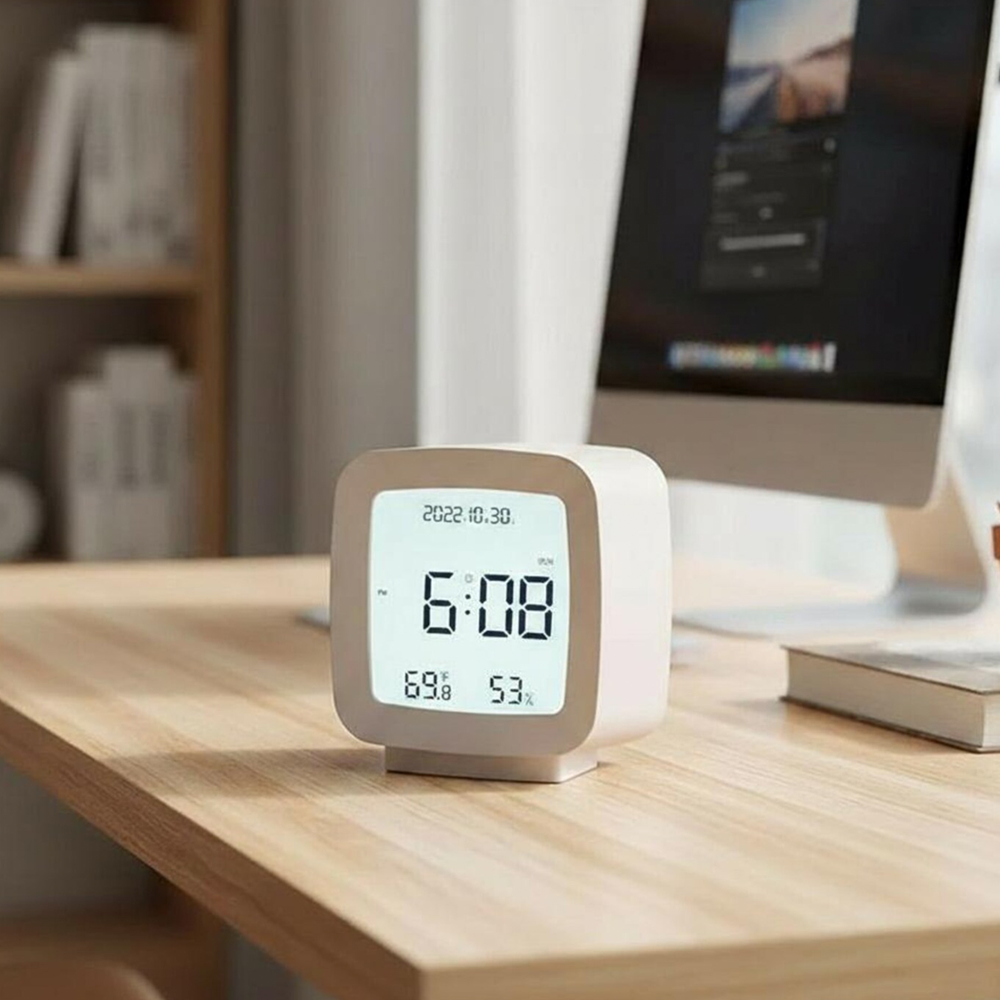 Rounded Square Digital Wake-Up Clock, Multi-Functional Desktop Timepiece With Climate Readout And Calendar Display